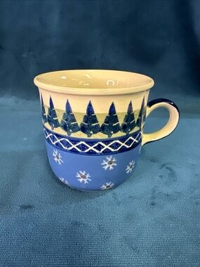 Polish Pottery Trees Snowflakes Blue Green Mug